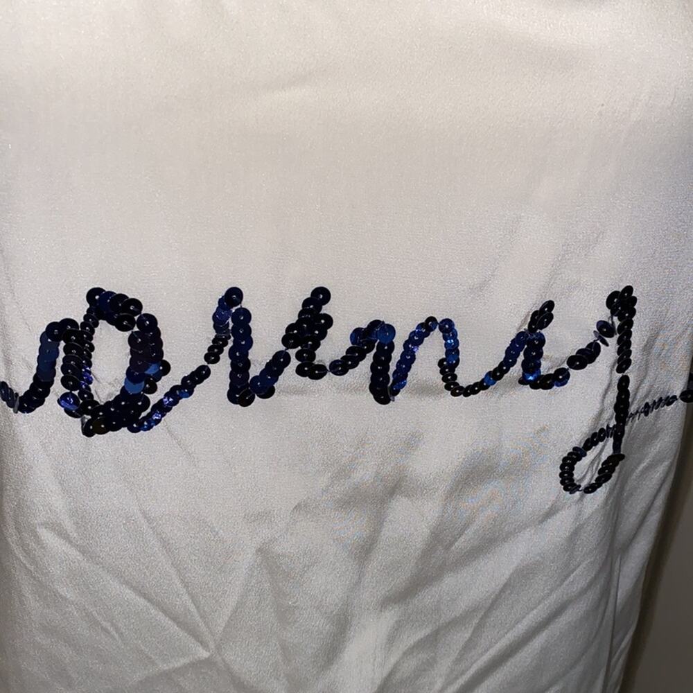 DKNY Cream Silk Racerback Sleeveless Tank w/ Blue “DNKY” Logo Sequined NWT Sz M - Picture 2 of 12